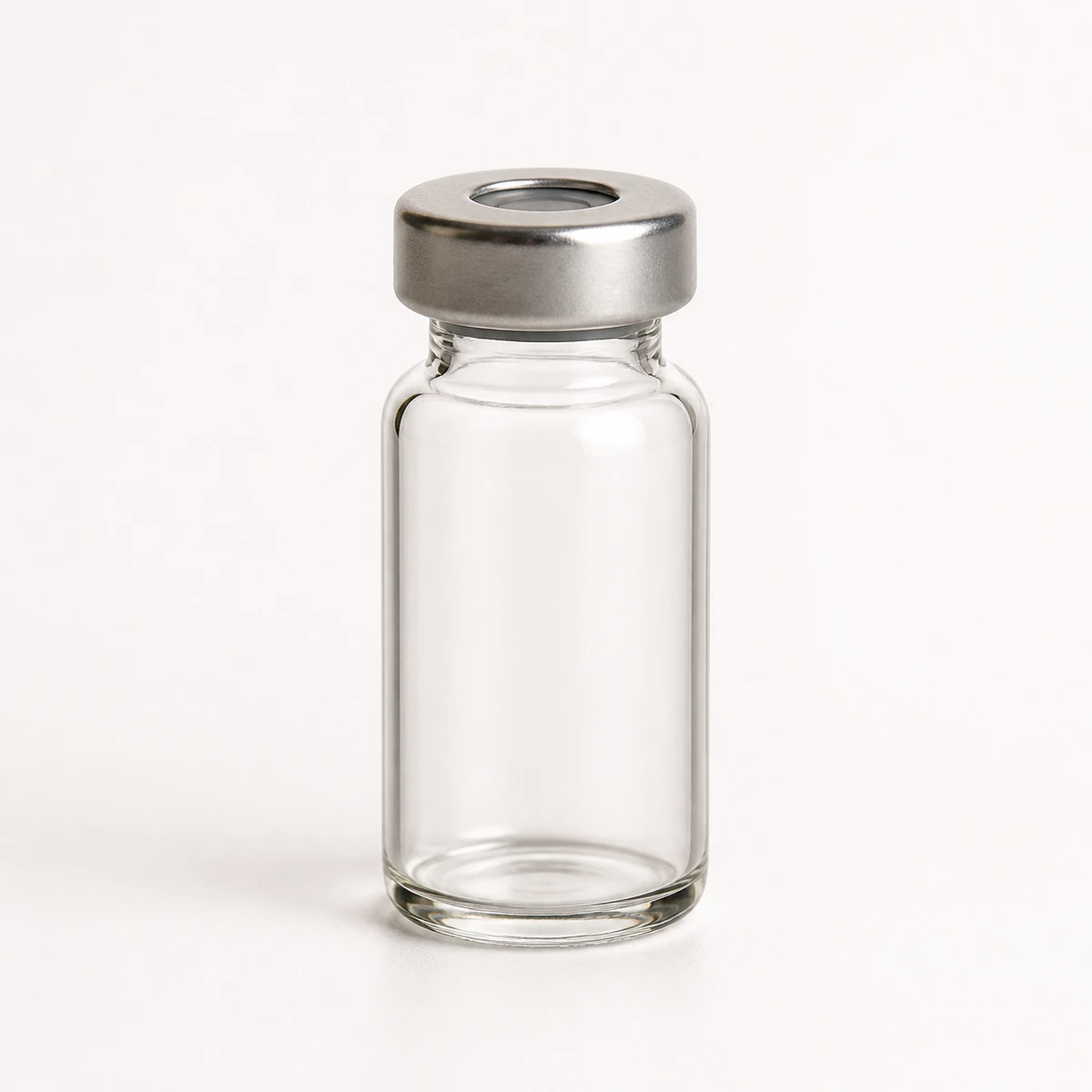 AI-generated studio rendering of an empty clear colorless vial